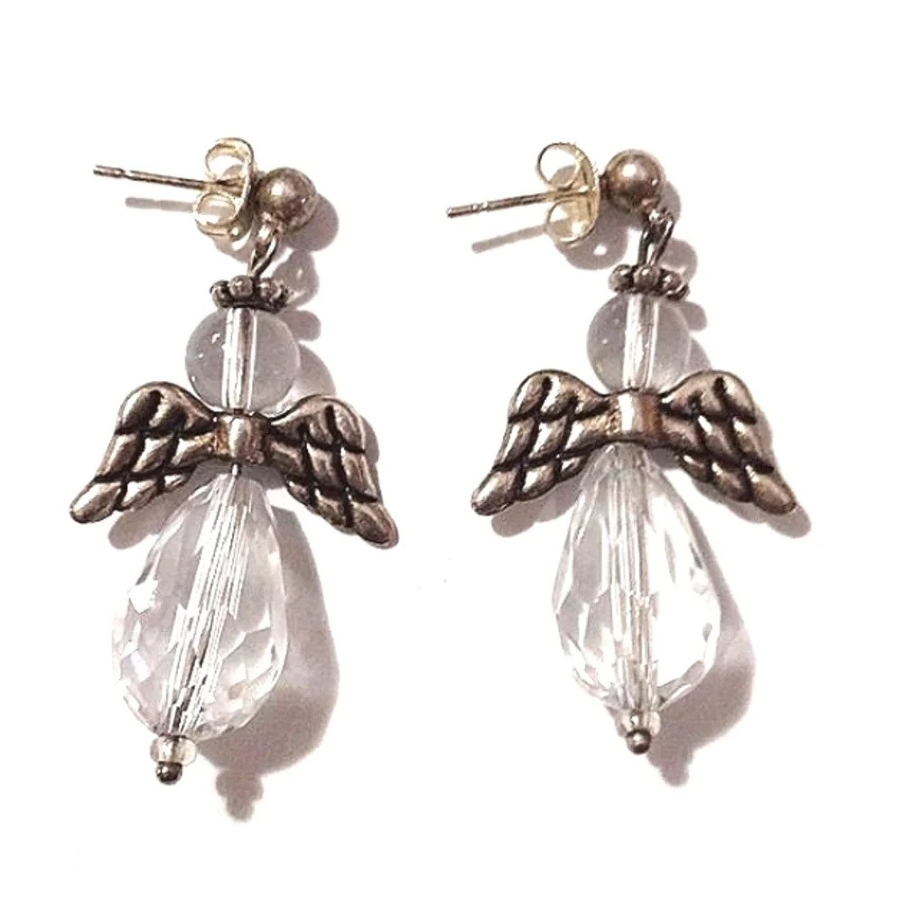 VINTAGE CRYSTAL ANGEL SILVER-TONE DROP DANGLE PUSH-BACK 1.9